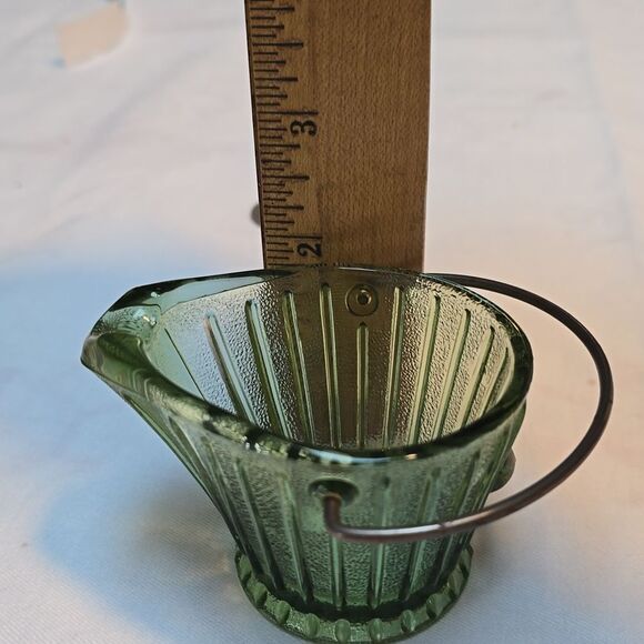 Vintage Hazel Atlas Little Coal Bucket Ashtray With Handle Green Glass 2" - Picture 10 of 14
